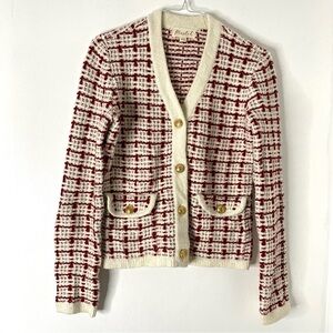Marled Tweed Knit Button Front Cardigan Deep Red Ivory Cream